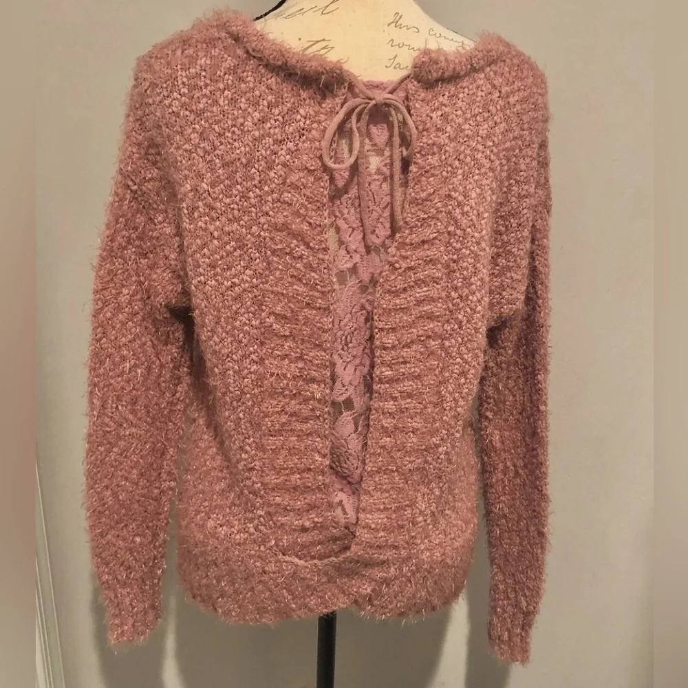 Knox Rose Fuzzy Plush Fiber Faux Wrap Lace Sweater Pink Sz L - Picture 2 of 4
